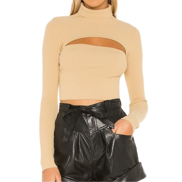 REVOLVE SUPERDOWN Beige Ribbed Knit Stretchy Bodycon Cut Out Turtleneck Sweater - Picture 11 of 17